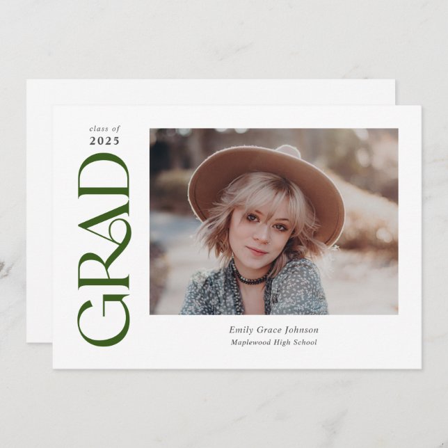 Green Trendy Serif Two Photos Graduation Announcement (Front/Back)