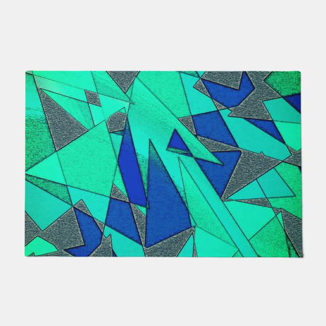 Green triangular cutouts on blue background, rough doormat (Front)