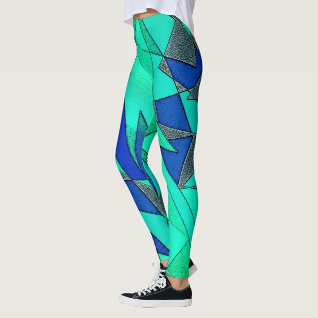 Green triangular cutouts on blue background, rough leggings (Left)