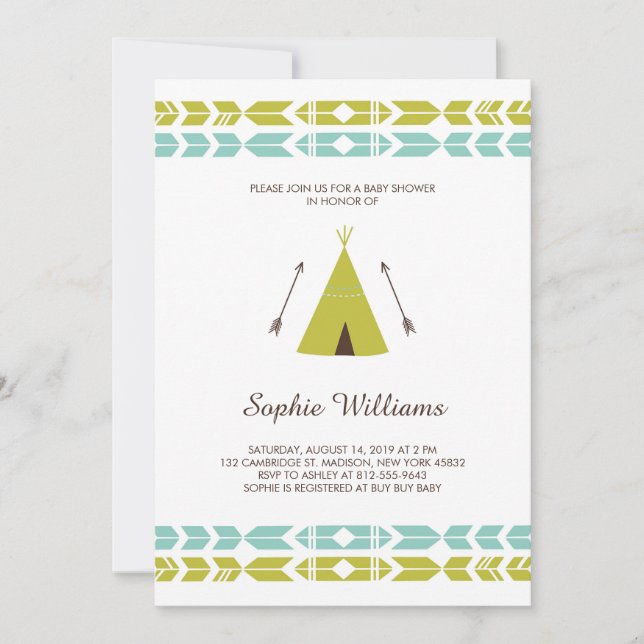 Green Tribal Teepee Baby Shower Invitation (Front)