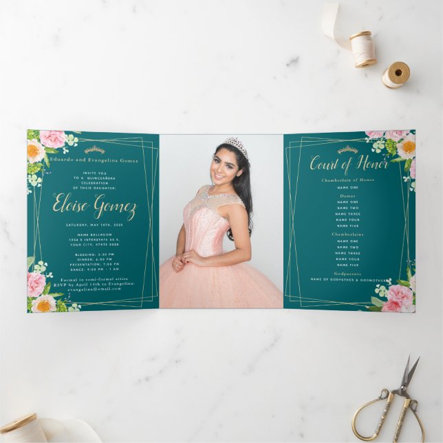 Green Trifold Floral Quinceanera Invitation (Inside)