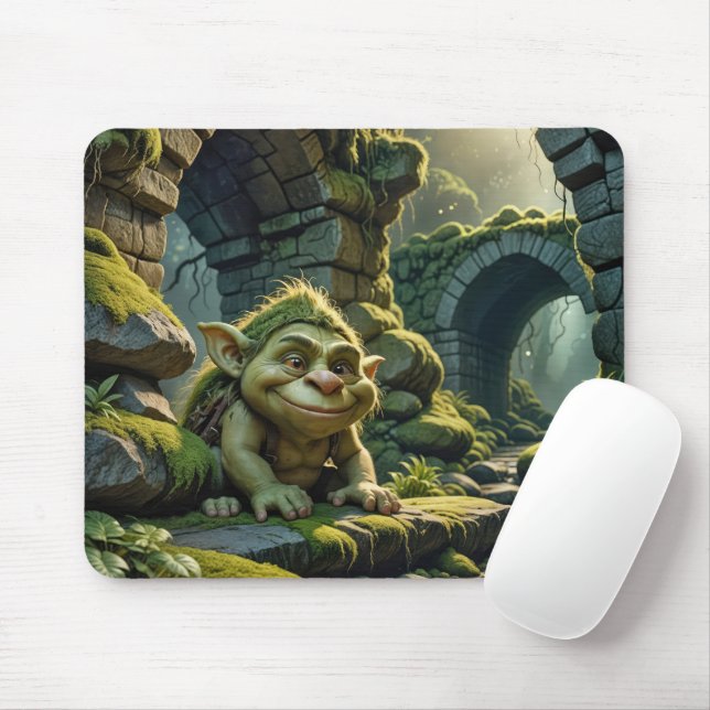 Green Troll Under a Stone Bridge Mouse Mat (With Mouse)
