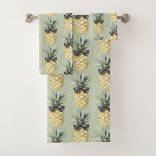 Green Tropical Aloha Pineapple with Sunglasses Bath Towel Set