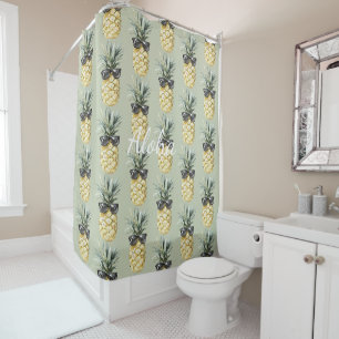 Green Tropical Aloha Pineapple with Sunglasses Shower Curtain