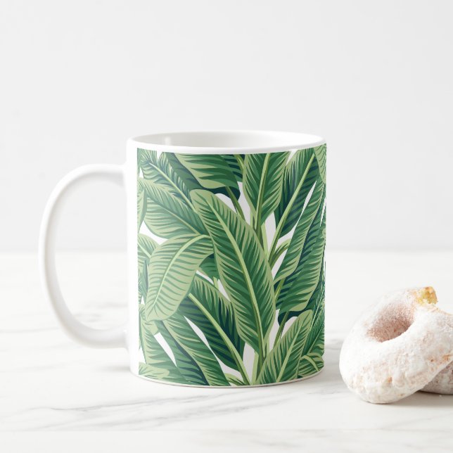 Green Tropical Banana Leaves Coffee Mug (With Donut)