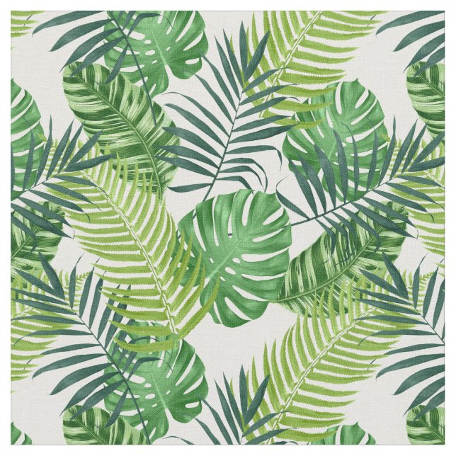 Green Tropical Banana Monstera Palm Fern Leaves Fabric (Close Up)