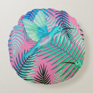 Green Tropical Bird & Floral Print Round Pillow