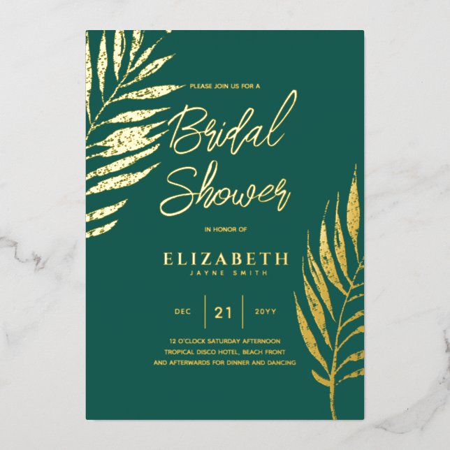 Green Tropical Disco BRIDAL SHOWER Gold Leaves (Front)