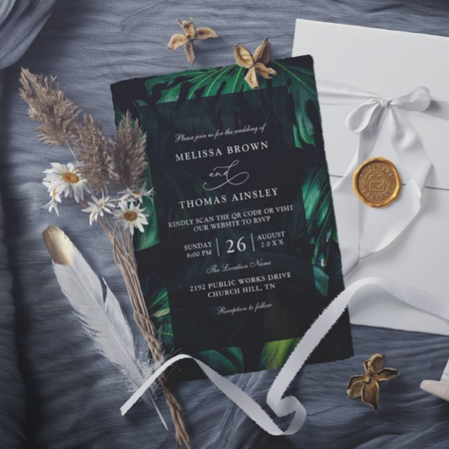 Green Tropical Elegant Chic Budget QR Code Wedding Invitation (Creator Uploaded)