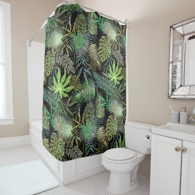 Green Tropical Ferns on Black Background Shower Curtain (In Situ)