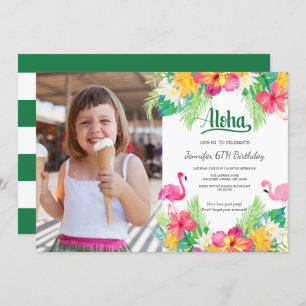 Green   Tropical Flamingo Luau  Photo Birthday Invitation