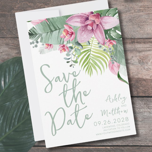 Green Tropical Floral Wedding Save The Date (Green Foliage Floral Watercolor Tropical Wedding Save The Date)