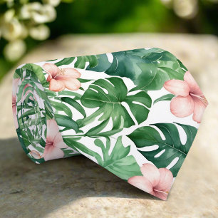 Green Tropical Foliage Pink Hibiscus Flowers Art Tie