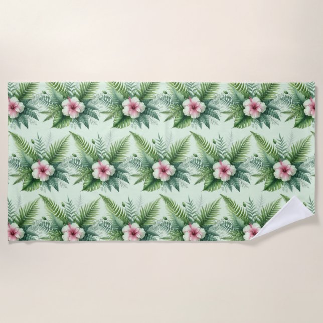 Green Tropical Hibiscus Beach Towel (Front)