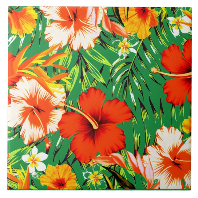 Green Tropical hibiscus flowers Tile (Front)