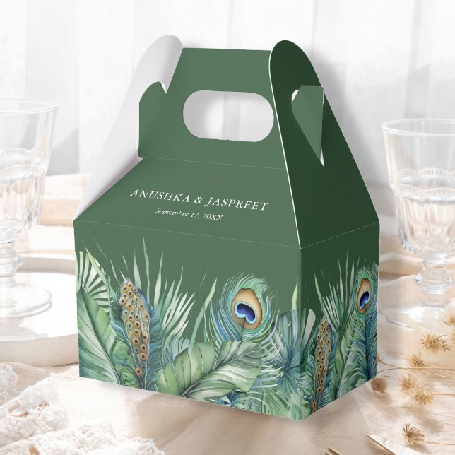 Green Tropical Indian Peacock Feathers Wedding Favour Box (Creator Uploaded)