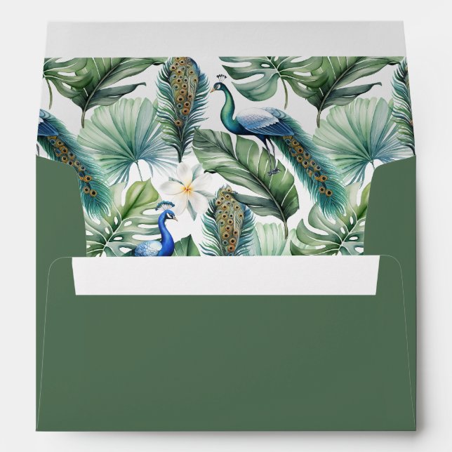 Green Tropical Indian Peacock Floral Wedding Envelope (Back (Bottom))