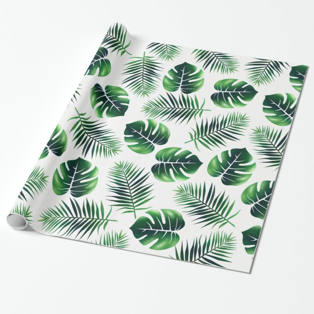 Green Tropical Island Palm Fronds and Jungle Leaf Wrapping Paper (Unrolled)