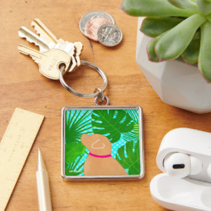 Green Tropical Island Yellow Dog Keychain