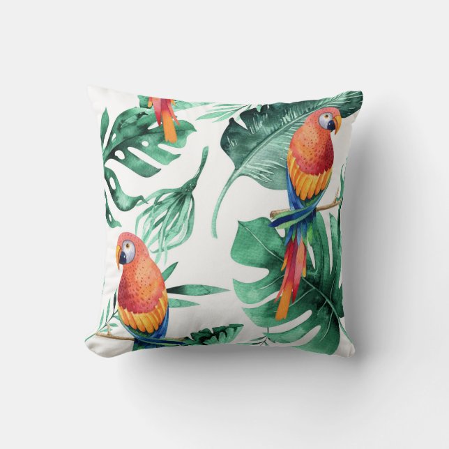 Green Tropical Jungle Rain Forest Leaves Parrots Cushion (Front)