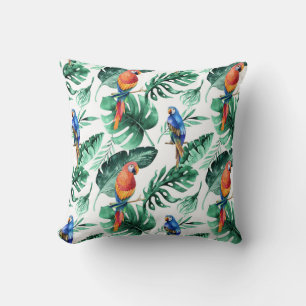 Green Tropical Jungle Rain Forest Leaves Parrots Cushion