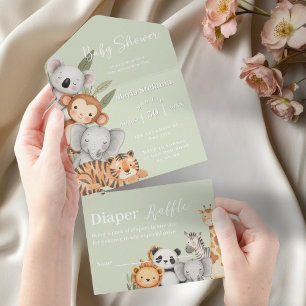 green Tropical Jungle Safari Baby Shower Animals All In One Invitation