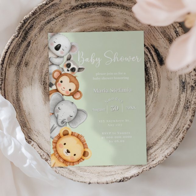 Green Tropical Jungle Safari Baby Shower Animals  Invitation (Creator Uploaded)