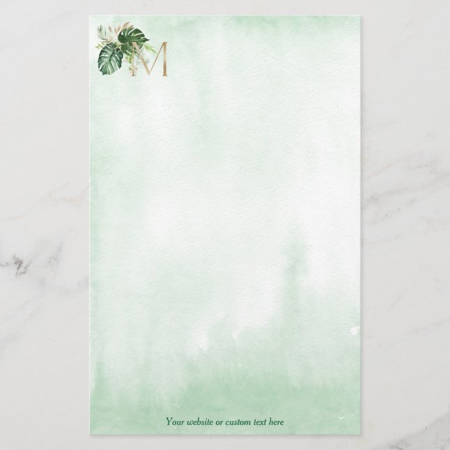 Green Tropical Leaf Gold Monogram Letter M Stationery (Front)