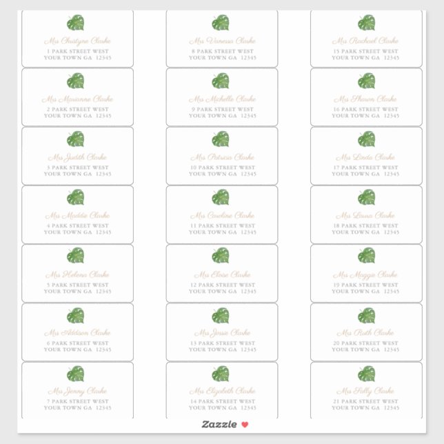 Green Tropical Leaf Guest Envelope Address Labels (Sheet)