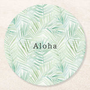 Green Tropical Leaves Aloha Round Paper Coaster