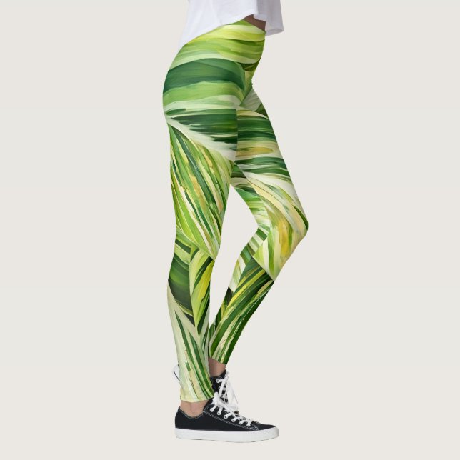 Green Tropical Leaves Art Leggings (Right)