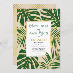Green tropical leaves beige engagement party invitation