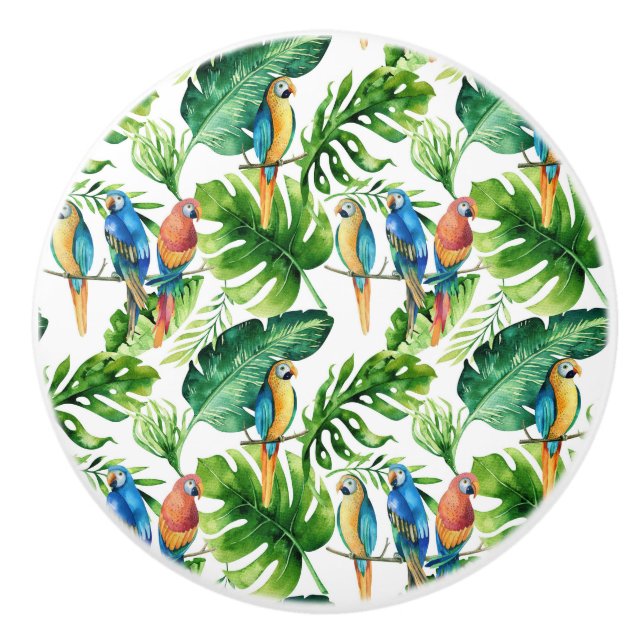 Green Tropical Leaves & Birds Summer Island Ceramic Knob (Front)