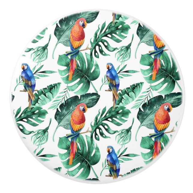 Green Tropical Leaves & Birds Summer Island Ceramic Knob (Front)
