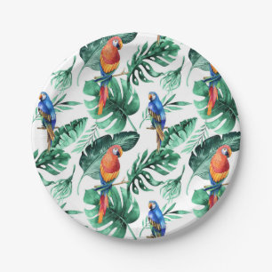 Green Tropical Leaves & Birds Wedding Party Paper Plate