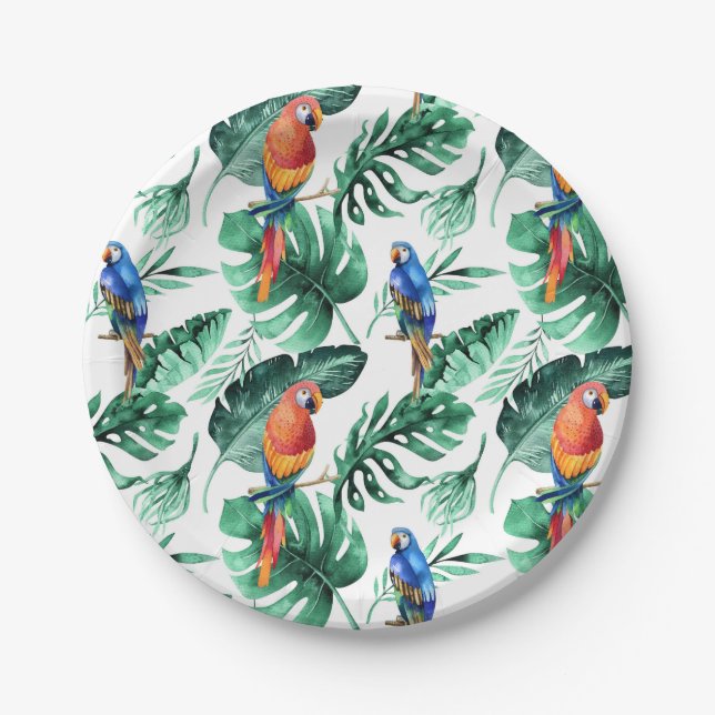 Green Tropical Leaves & Birds Wedding Party Paper Plate (Front)
