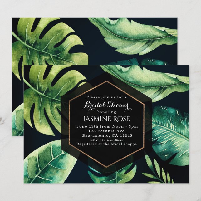 Green Tropical Leaves & Black Elegant Invitations (Front/Back)