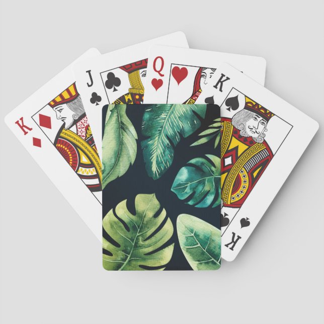 Green Tropical Leaves Black Elegant Modern Chic Playing Cards (Back)