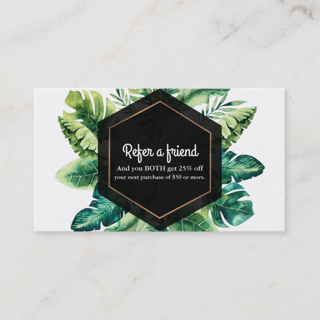 Green Tropical Leaves Black Elegant Refer a Friend Referral Card (Front)