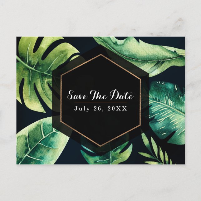 Green Tropical Leaves Black Elegant Save The Date Announcement Postcard (Front)
