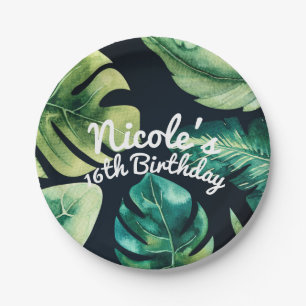 Green Tropical Leaves Black Elegant Summer Party Paper Plate