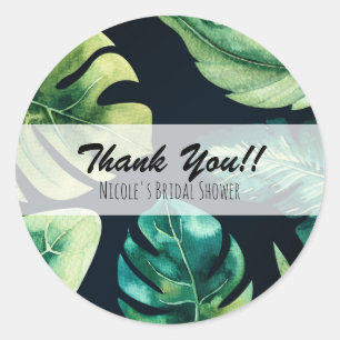 Green Tropical Leaves Black Elegant Wedding Favour Classic Round Sticker