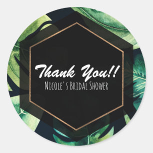 Green Tropical Leaves Black Elegant Wedding Favour Classic Round Sticker