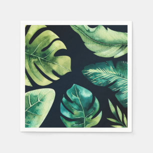 Green Tropical Leaves Black Elegant Wedding Party Napkin
