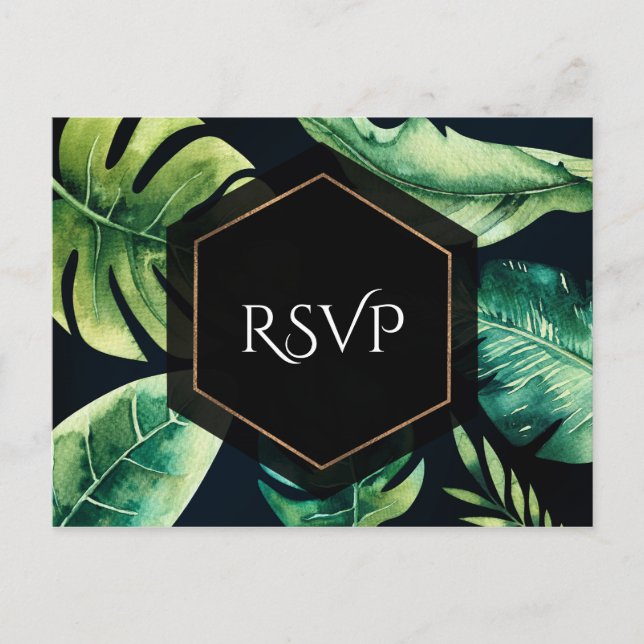 Green Tropical Leaves Black Elegant Wedding RSVP Invitation Postcard (Front)