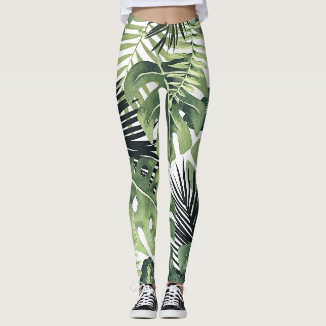Green Tropical Leaves Botanical Botany Leggings (Front)