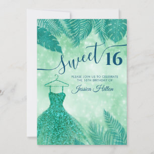 Green tropical leaves dress sweet sixteen invitat invitation