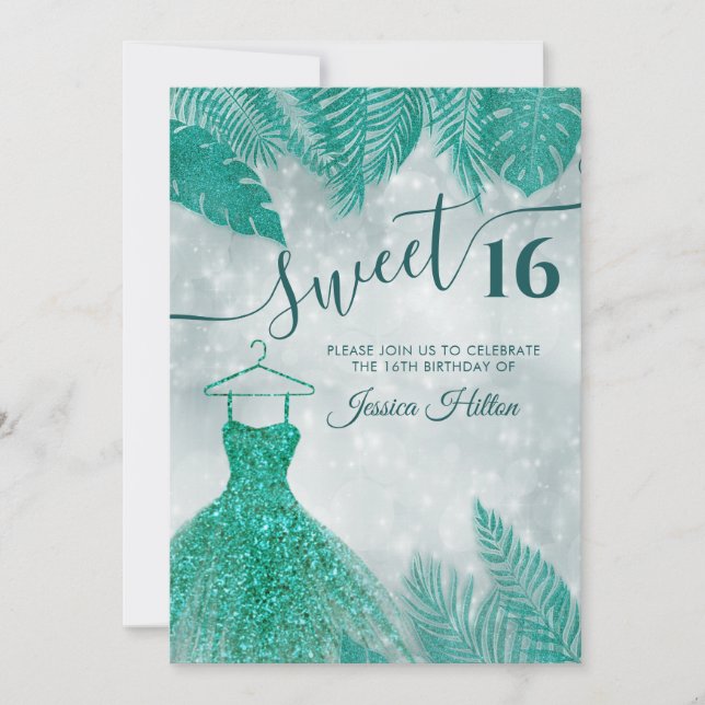 Green tropical leaves dress sweet sixteen  invitat invitation (Front)