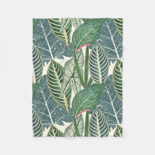 Green tropical leaves fleece blanket