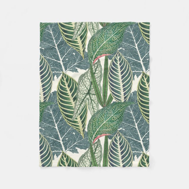 Green tropical leaves fleece blanket (Front)